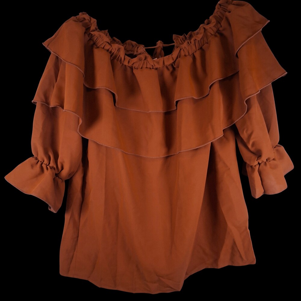 Women’s Rust Orange Ruffle Off Shoulder Blouse Bell Sleeve Boho Top